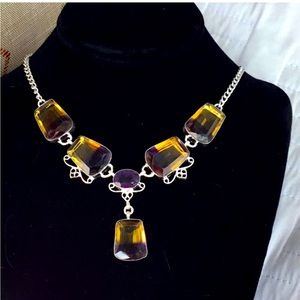Ametrine Citrine+Amethyst 925 Silver Plate Statement Necklace